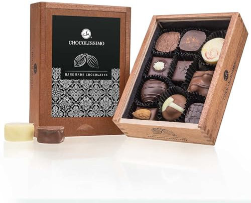 CHOCOLISSIMO - Schokolade Geschenk, Pralinen Geschenk, alkoholfrei - 10 Pralinen im Holzkästchen, ohne Alkohol, Geschenkidee Weihnachten, Geburtstag, Valentinstag, Muttertag, Mann, Frau – Elegance