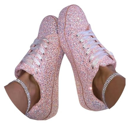 Minetom Sneakers Damen Pailletten Flache Low Sneaker Atmungsaktiv Glitzer Turnschuhe Outdoor Sportschuhe Laufschuhe Schuhe Schnürsenkel Walkingschuhe A Rosa 43 EU