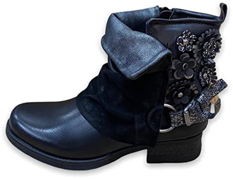 Damen Stiefeletten Biker Boots - Stiefel mit Nieten Blockabsatz - bequeme Herbst Winter Frauen Schuhe Schnallen - ST783 (ST88 Schwarz, numeric_37)