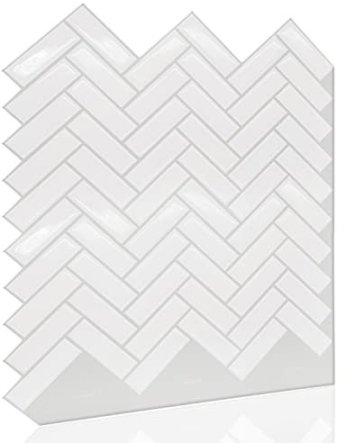 WALPLUS 40pcs 28x20.3cm White Herringbone Glossy 3D Sticker Tile Wall Covering Panelling Decorative Art Splashback for Kitchen Bathroom Paint Stick on Tiles Bedroom Living Room Decors