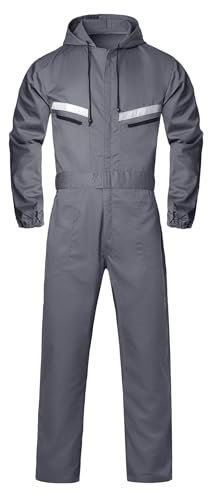 Oralidera Tuta da Lavoro da Uomo Multitasche Tute Blu da Lavoro con Cappuccio Riflettente Tuta Meccanica da Lavoro Alta visibilità Abbigliamento da Lavoro, Grigio, L