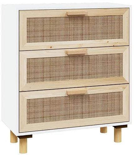 vidaXL Sideboard mit Schubladen Schrank Anrichte Beistellschrank Kommode Schubladenschrank Weiß 60x30x70cm Massivholz Kiefer Natur-Rattan