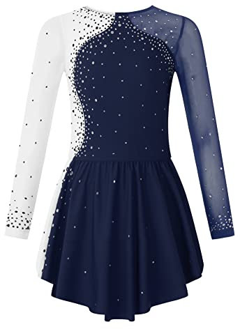 CHICTRY Kürkleider Eiskunstlauf Kinder Mädchen Strass Glitzer Rollschuhkleid Langarm Tanzbody Farbblock Patchwork Trikot Mit Wickelrock Dancewear Navy Blau 170-176