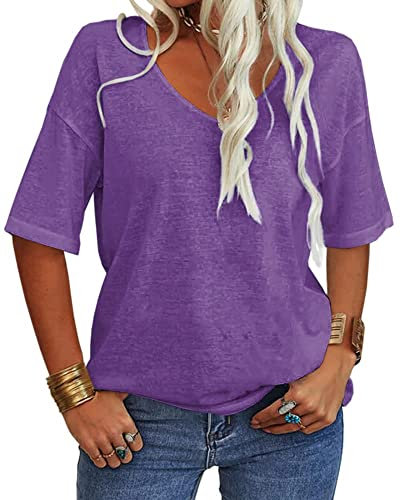 Tankaneo Damen V-Ausschnitt Kurzarm T-Shirt Casual Lose Basic Sommer Tops Halbarm Oversized Tunika Tee