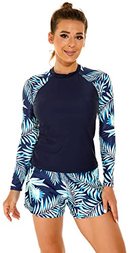 UV Shirt Damen Wasser Langarm Blume Schwimmshirt Bade Tankini Oberteil Shorts Schwimmhose Schwimmanzug Badeanzug mit Bein Frauen UPF 50+ Rashguard Bademode Kurz Strandmode Surfanzug Marineblau S
