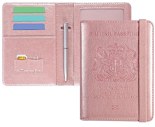 DMLuna Reisepasshülle, Premium-PU-Leder, Reisepasshülle, RFID-blockierend, Reisedokumente, Organizer mit Stifthalter, für Damen und Herren, Roségold