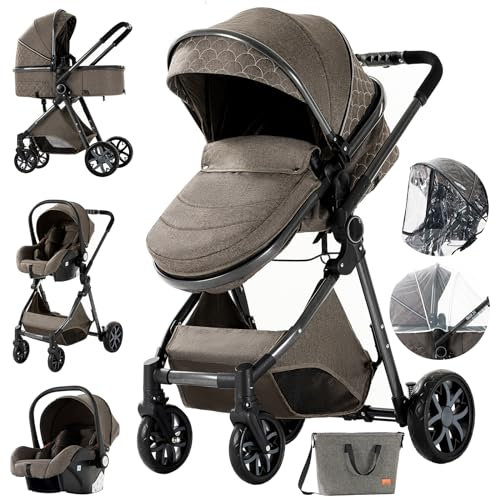 MoLi Kinderwagen 3 in 1, Kinderwagen mit Umkehrbarem Doppelschiebemodus, Buggy mit Großer Bequemer Babywanne, Kombikinderwagen 3 in 1 Rahmen Aluminiumlegierung Faltbar Hohe Landschaft (225 Chocolate)