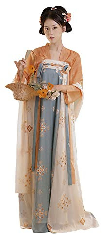 YUDATPG Hanfu – Robe pour femmes et filles – Chemise Hanfu de la tradition chinoise antique – Robe à lacets à manches longues – Tenue de performance sur scène, costume d'Halloween (orange bleu, S)