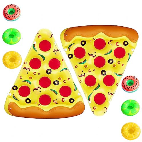 Matelas Piscine, Pizza BouéEs Et Matelas Gonflables, avec 3/6 Porte-Gobelets Gonflables BouéE Gonflable pour des Enfants Et des Adultes,2PCS
