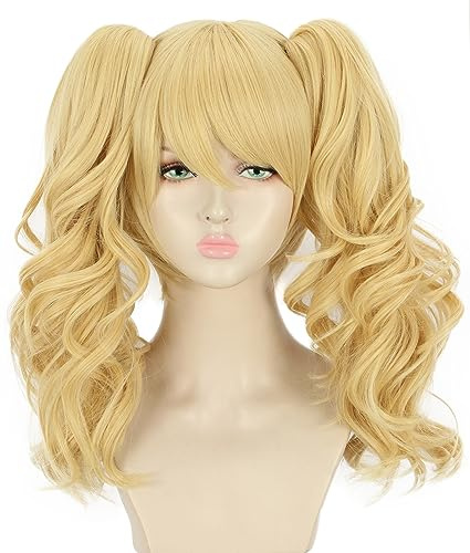 yuehong Lange lockige blonde Doppel-Pferdeschwanz-Clip-Perücke für Damen, Halloween, Cosplay-Kostüm