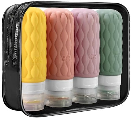 100 ml Silicone Travel Bottles for Toiletries with Labels/Clear Bag, Holiday Travel Essentials Leakproof Refillable Squeeze Travel Size Containers Set for Shampoo and Conditioner