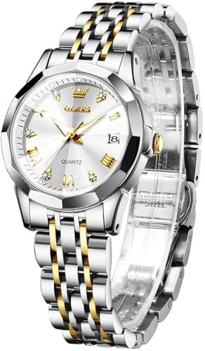 OLEVS Montre Femme Diamant Montre avec Petit Visage Or Argent Bracelet en Acier Inoxydable Étanche Date Montre, Argent/Or