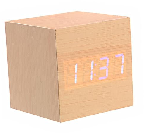 WOFASHPURET Mini-würfelförmiger Sprachaktivierter Holz-wecker Mit Blauer Led Datum Und Temperatur