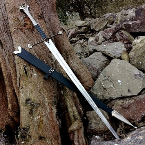 Unique Blades Anduril-Schwert des Striders, individuell graviertes Schwert, LOTR-Nachbildung, Herr der Ringe Geschenk, Wandhalterung und Schwertscheide aus 440C-Edelstahl, grau