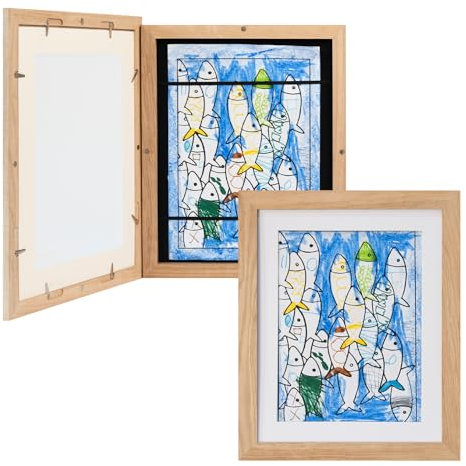 Framelane Set of 2 Natur Eiche Kinder Bilderrahmen A4 aus FSC-zertifiziertem Massivholz mit Magnetverschluss, Acrylglas, Passepartout, Wand- & Tischaufstellung – Bilderrahmen für Kinderzeichnungen