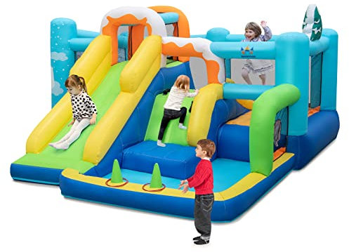 COSTWAY Kids Bouncy Castle, Inflatable Bouncer House Trampoline with Long Slide, Ball Pit, Dual Climbing Walls, Basketball Hoop, Pitching & Ring-toss Game, Blow Up Activity Center for Indoor Outdoor