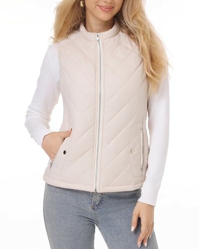 Fuinloth Damen Steppweste, Stehkragen, leicht, Reißverschluss-Design, Beige, Large