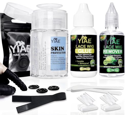 Invisible Lace Wig Glue Kit for Sensitive Scalp | YIAE Strong Hold Adhesive for Oily Scalp & Sweat | Hypoallergenic Wig Remover, Skin Protector, Essentials for Lace Front Wigs (Daily/Cosplay Use)