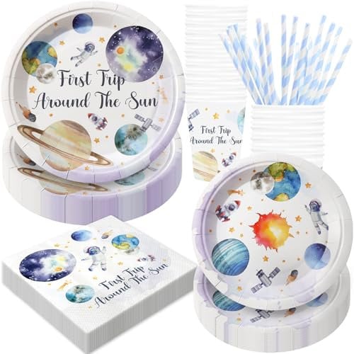 BOIKOKY 120 Pièces Décorations de Fête d'Anniversaire sur le Thème de First Trip Around The Sun, Fournitures de Fête sur le Thème de Espace, Vaisselle Jetable | Pour 24