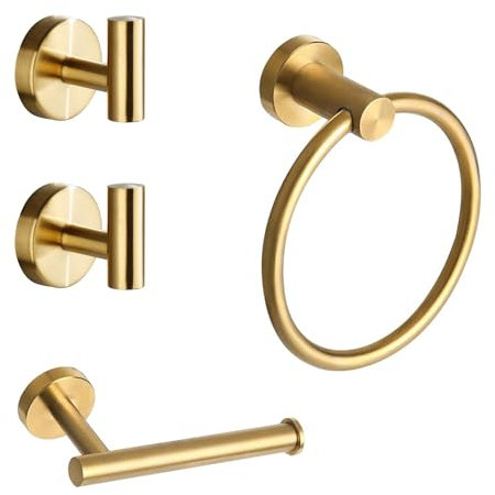 Betadistor Bathroom Hardware Accessories Set of 4 - SUS 304 Stainless Steel Brushed Wall Mounted Rack, 1x Towel Ring Bar + 1x Toilet Paper Roll Holder + 2 x Robe Hook, Gold, 012-0407