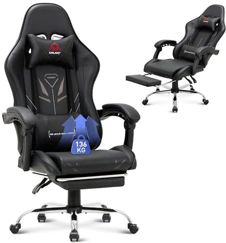 COLAMY Gaming Stuhl, Computer Stuhl mit Fußstütze und Lendenwirbelstütze, höhenverstellbarer Gaming Chair mit 360°-Drehsitz und Kopfstütze, Video Gamer PC Stuhl, Ergonomische hohe Rückenlehne, Schwarz