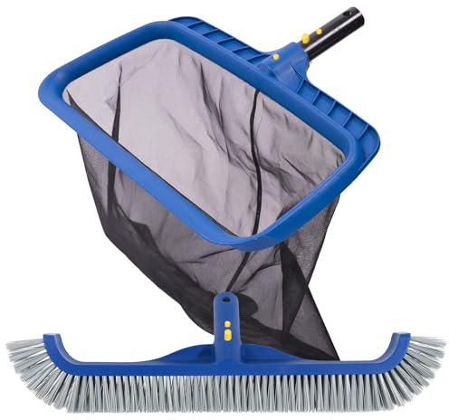 POOLAZA Set per la pulizia della piscina, a maglia fine e spazzola da 45 cm, stabile skimmer a rete e testina professionale per piscine sotterranee