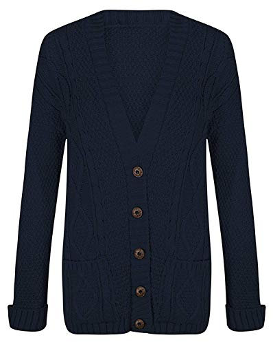 MIZAF® Women's Long Sleeve 5-Button Cable Knitted Grandad Cardigan Chunky Knit Sweater with V-Neck & 2 Front Pockets, Ladies Warm Winter Outwear Casual Jumper Vest (Navy, 3XL)