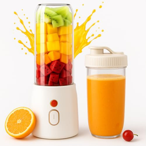 Portable 450ml Mini Juice Blender, Fruit Juicer Mixer, Rechargeable Personal Smoothie Maker with 6 Blades for Shakes & Travel Cup with Extra Cup (White)