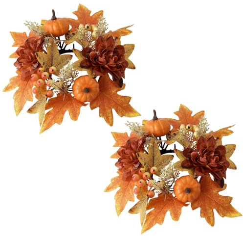 Herbstdeko Kerzenringe, 2 Stück Herbstkranz Kerzenkränze mit Kürbis Ahornblätter Künstliche Kerzenringe Kränze mit Kürbis Tannenzapfen Herbst Deko Tischdeko für Herbst Halloween Thanksgiving (B)