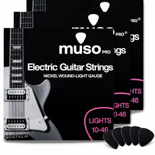MUSO PRO Electric Guitar Strings, 3 Pack, 10-46 Light Gauge, with 5 Free Picks Nickel Wound, Bright Balanced Tone.