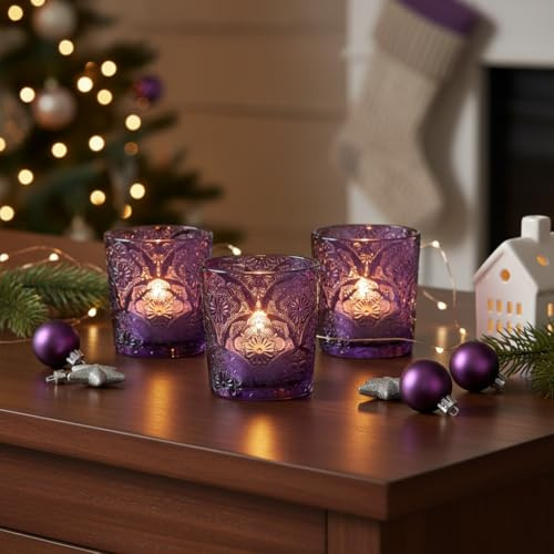 Purple Mandala Glass Tealight Holders, 6 Pack