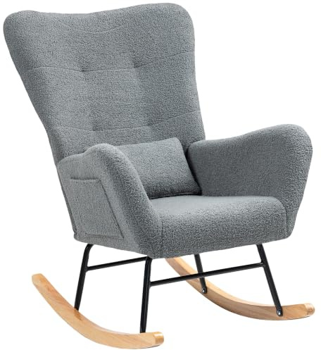 HOMCOM Silla Mecedora Moderna Tapizada en Terciopelo de Teddy Gris | Respaldo Acolchado Alto, Almohada, Patas de Madera, Bolsillo Lateral, para Dormitorio, Salón