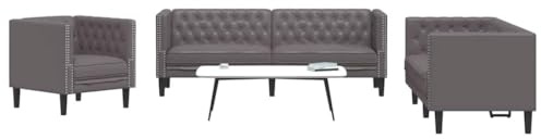 LoogCape 3-TLG. Chesterfield-Sofa-Set, Grau Kunstleder, Robustes Wohnzimmer Couchgarnitur, Klassisches Design, Bequemes Sitzerlebnis für Zuhause, Langlebig