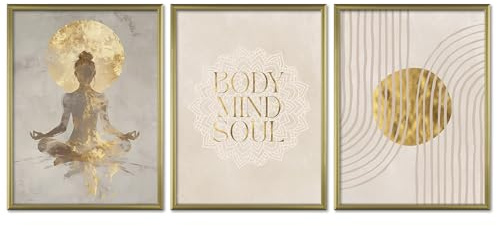 ARTFAVES® Poster Set - Yoga Spirit Trio - 3-teilige Bildercollage Wohnzimmer, Schlafzimmer - moderne Wandbilder Meditation, Achtsamkeit, Beige, Spirituell - 30x40 cm - mit Rahmen Gold