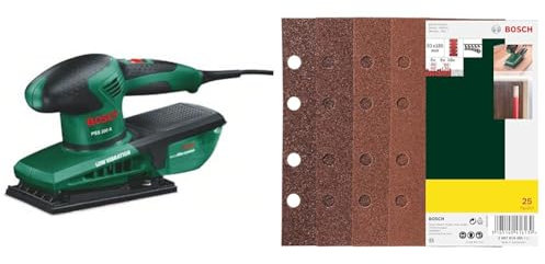 Bosch Home and Garden Levigatrice orbitale PSS 200 A, verde/nero, 27.2 x 50.2 x 43.6 cm + Bosch Set da 25 Pezzi di fogli abrasivi, vari materiali, dimensioni grana 40/60/80/120, 8 fori