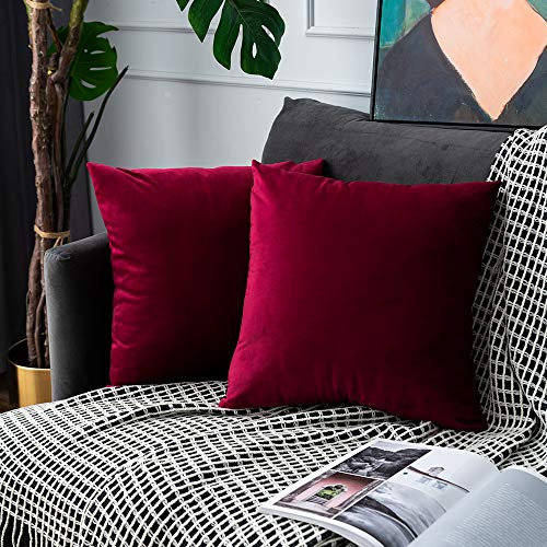 UPOPO 2er Set Samt Kissenbezug Dekorative Einfarbig Kissen Weich Kissenhülle Kissenbezüge Dekokissen Zierkissen Sofakissen für Sofa Couch Schlafzimmer Wohnzimmer mit Reißverschlüsse, 40 X 40cm Weinrot