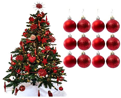 Simply Products Christmas Tree Decoration Baubles 3.8cm - Great Christmas Tree Hanging Ball Decorations, Matte & Glitter Baubles Pack of 12-3.8cm (Red Matte & Glitter)