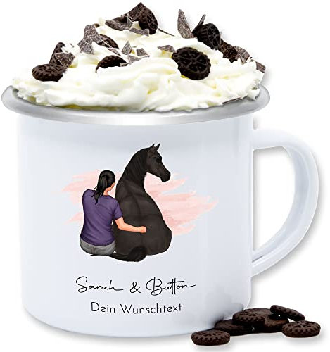 Emaille Tasse Blechtasse - Pferde - Frau mit Pferd I Wunschtext I Wunschname Text I Geschenk Reiter - 300 ml - Weiß Silber - pferdetassen pferden pferd- tassen pferdemotiv blech pferdeliebhaber