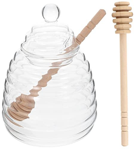 FELTECHELECTR 1 Juego Tarro De Miel De Vidrio Tarro De Miel De Colmena Tarros De Miel De Cristal Dispensador De Miel Con Cazo Botella Pequeña De Miel Bandejas De Baño Tuerca De Té Madera