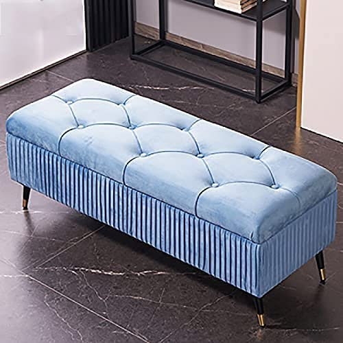 Samt-Aufbewahrungsfußhocker, luxuriöse Aufbewahrungsbank, Polsterbank, Schuhhocker für den Wohnzimmereingang, Hellblau, 110 x 45 x 45 cm (43 x 18 x 18 Zoll)
