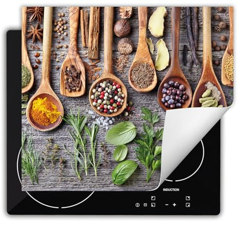 DarHaus Herdabdeckplatte Einteilig Küche Herdabdeckung Ceranfeld Herdabdeckplatten Anti Rutsch Matte Aufrollbar 60x52 cm, Gewürze - Holz