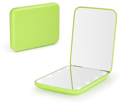 Kintion Taschenspiegel, LED Reisespiegel mit Licht Spiegel Klein, Taschenspiegel mit Vergrößerung 1x/3x, Spiegel mit Beleuchtung Klein, Klappspiegel Schminkspiegel mit Licht, Hellgrün