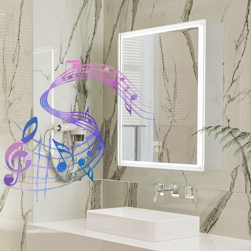 LUVODI LED Bathroom Mirror Cabinet: 60x70cm Wall Medicine Cabinet with Bluetooth Speaker Shaver Socket Demister Dimmable Lighting Aluminum Frame Smart Touch Switch, IP44