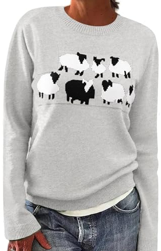 heekpek Pull Jacquard Femme Norvégien Alpaga Pulls Col Rond Sapin de Noël Ample Pull Femme Hiver Chaud Chic et Élégant Doux Sweat Tricoté Haut Pull'de Noel, Gris Alpaga, XXL