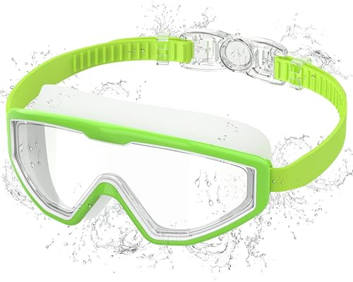 Ambienden Gafas de Natación Niño Antivaho UV, Visión 180° - Ajuste 1-Clic & Sello de Silicona - Unisex Gafas de Natación de 3-12 Años, Green-White