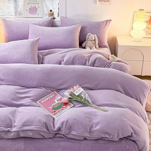 Covebett Winter Flanell Bettwäsche 155x220 Lila Violett Warme Fleece Plüsch | Winterbettwäsche Set 2teilig, Samt Kuschelig Flauschig, Cashmere Touch, Bettbezug und 1 Kissenbezug 80x80 mit Reißverschluss