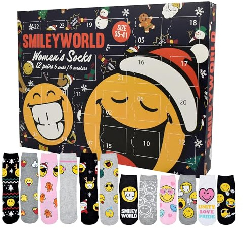 United Labels SmileyWorld Adventskalender mit 12 Paar Socken für Damen, Größe 35-41, Kalender mit Sneaker und langen Socken, Weihnachtskalender Geschenk