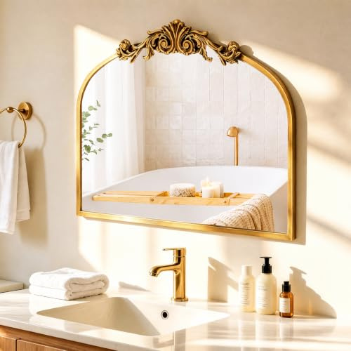 Awhtixbo Barock Spiegel Goldrand 80x60(H) cm | - Prunkvoller Halbrunder Wandspiegel mit Bögen für Wohnzimmer & Flur, Antik-Vintage Design, Dekorative Wanddekoration