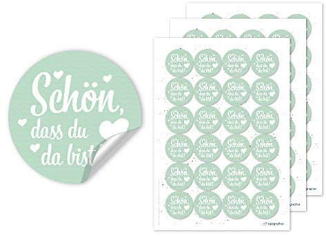 72 Stk. Schön DASS du da bist Sticker Vintage grün Herzen- Aufkleber rund Ø 4cm - Geschenkaufkleber für Hochzeit & Gastgeschenk