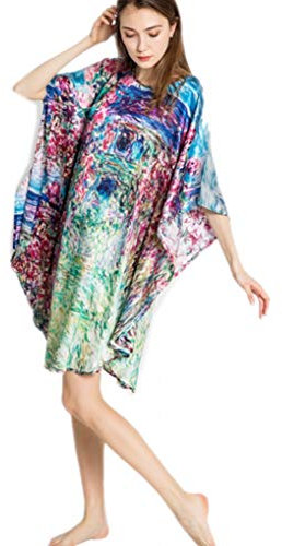 Prettystern Damen Seidennachthemd 100% Seide Nachthemd mit Kunstdruck Schlafkleid, Kaftan oder Tunika Monet Haus Rosen